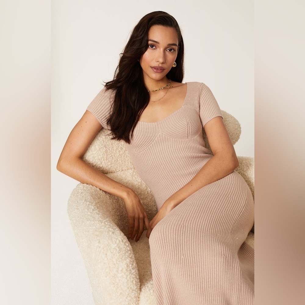 STAUD Camden Ribbed Knit Short Sleeve Maxi Dress Nude